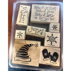 Stampin Up! 2005 MERRY Wood Mounted Rubber Stamp Set Holiday